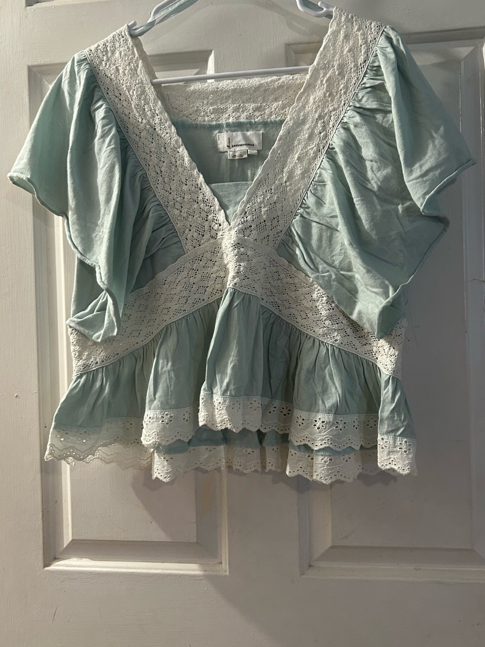 Anthropologie Light Aqua Lace-Trim Flutter Sleeve Blouse